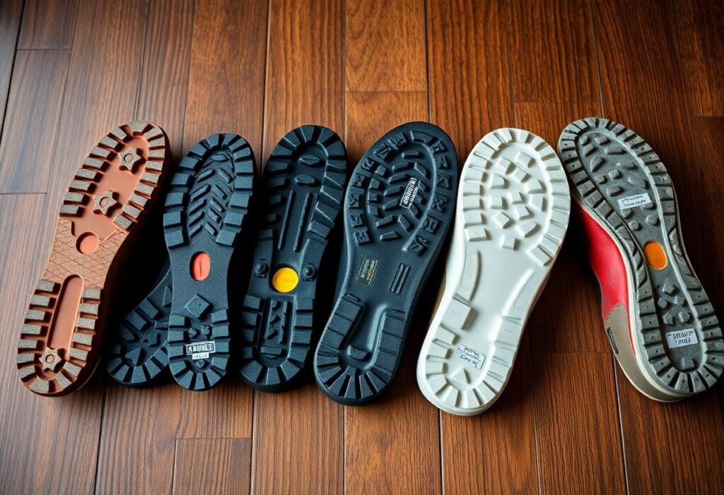 Various shoe soles are lined up on a wooden floor, showcasing different tread patterns and colors.