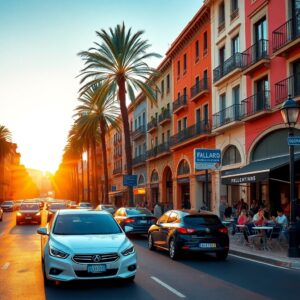 A vibrant street scene at sunset encapsulates the essence of driving in Spain. The sun casts a warm glow between tall palm trees, illuminating colorful buildings with balconies. A busy café on the right has patrons seated outside, enjoying the hassle-free journey and evening ambiance.