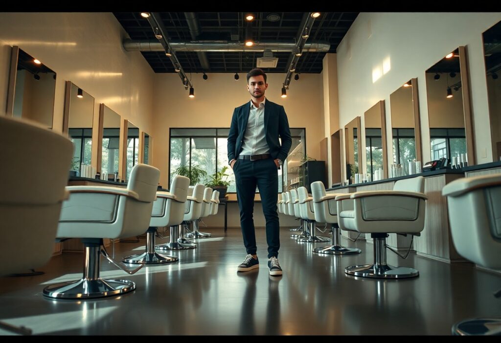 A person in a dark suit and sneakers stands confidently in an empty hair salon. The salon features rows of white chairs and mirrors along both sides, with large windows at the back. The lighting is warm, and the floor is glossy.