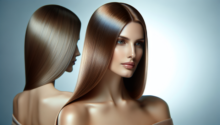 A woman with medium-length, straight, sleek hair, middle-parted, with a healthy shine, suitable for day to evening.
