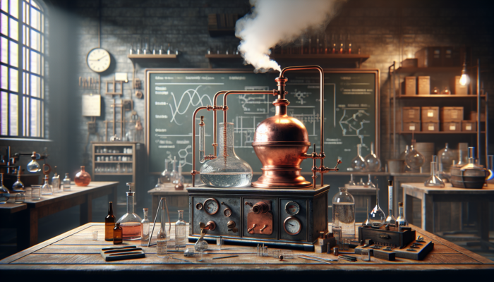 An old-fashioned copper still in a rustic lab, steam condensing into pure water, with modern equipment in the background.