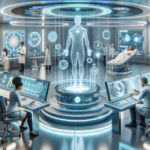Futuristic medical laboratory featuring advanced equipment, doctors analyzing data, and patients undergoing specialized tests for proactive healthcare.