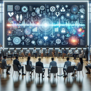 A diverse team analyzing health data on a touchscreen to make informed decisions in a modern, collaborative environment.