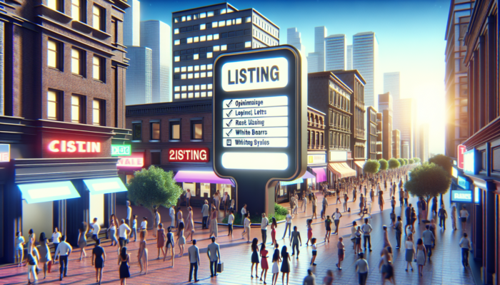 A vibrant city street with an optimized Google My Business sign attracting customers.