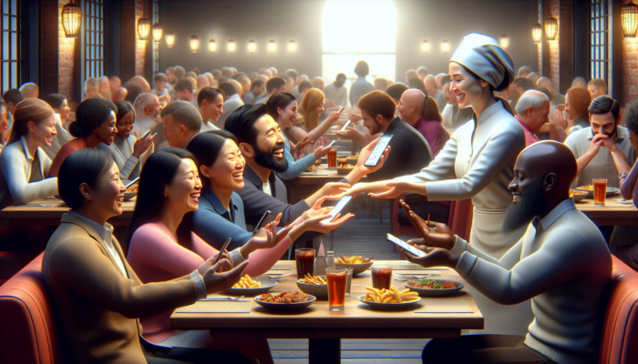 Diners happily leaving positive reviews on smartphones, staff offering discount card for next visit.