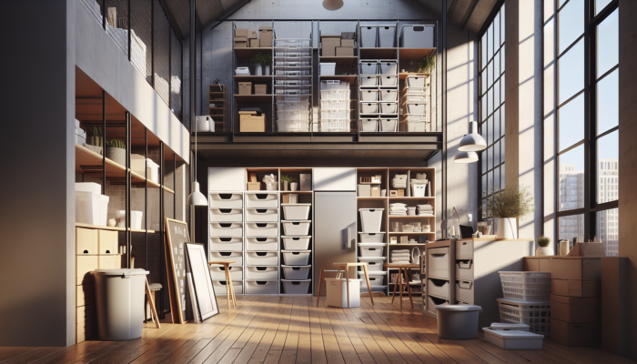 UK loft organized with stackable bins and shelving from IKEA and Argos, maximizing vertical space.