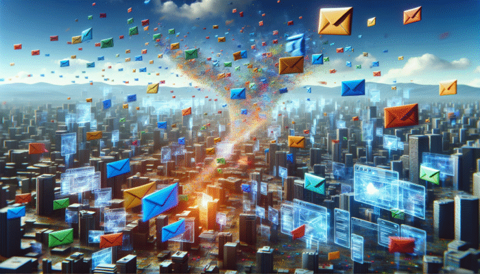 A vibrant digital landscape with targeted email flyers zooming into colorful inboxes, symbolizing personalized engagement.