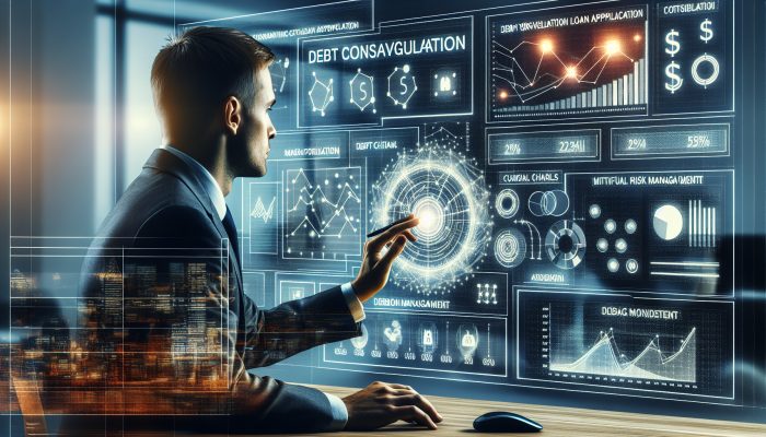 UK lender assessing debt consolidation loan risk in a modern office with financial charts and economic trends displayed.