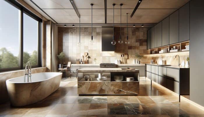 Modern Australian kitchen and bathroom featuring honed, tumbled, and polished travertine tiles in warm earth tones.