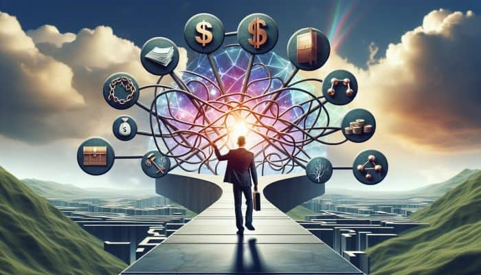 Important Terminology to Master in Debt Consolidation: A Beginner's Guide | DCL A person confidently navigating a clear path through a complex financial landscape with labeled signposts under a bright sky.