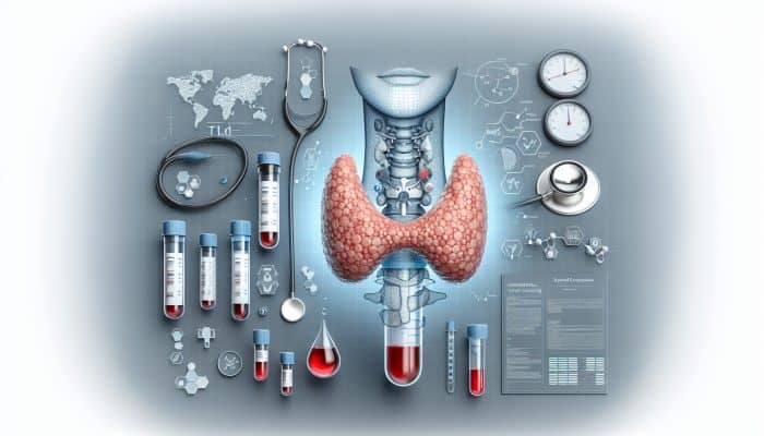 Visual representation of the thyroid gland alongside blood test vials and diagnostic charts for comprehensive evaluation.