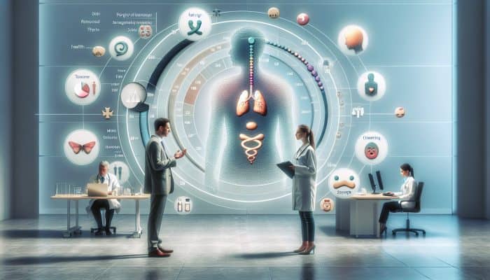 Individual consulting a doctor about thyroid issues, with a diagram and test results in a modern office.