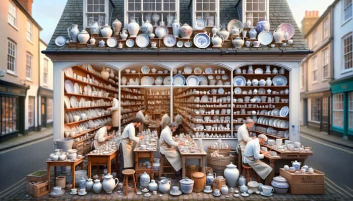 A welcoming East Calder porcelain repair shop featuring artisans restoring ceramics and providing personalised consultations.