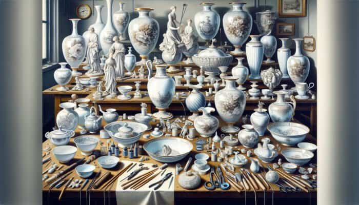 Porcelain items like vases and figurines being expertly repaired by talented artisans in East Calder.