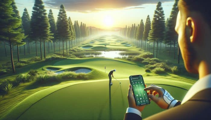 Golfer using a smartphone app at a serene sunset golf course to analyse swing data.