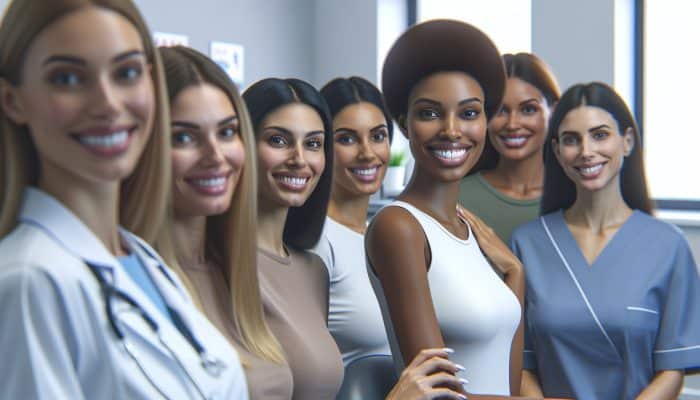 Diverse group of low-income women at public dental clinic, receiving affordable dental care.