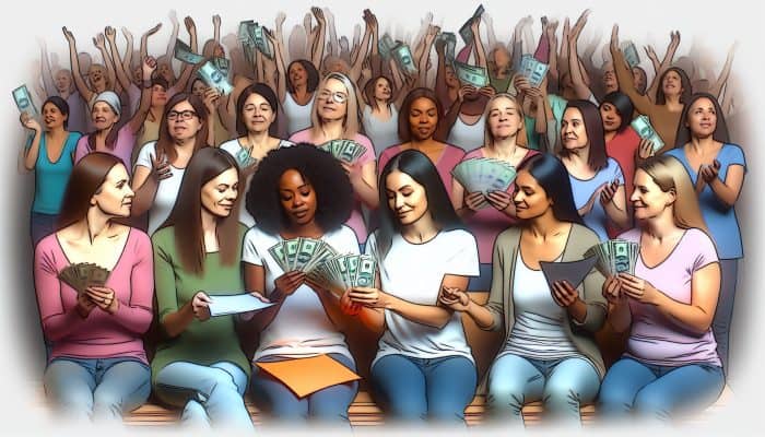 Diverse group of low-income women receiving income support, symbolising financial stability and adaptability.