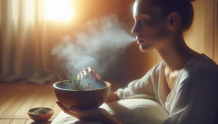 Individual inhaling steam from a bowl infused with eucalyptus and peppermint, enveloped in warm mist, for enhanced respiratory health.