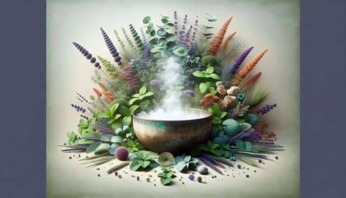 A tranquil spa setup featuring eucalyptus, mint, and lavender around a steaming bowl for inhalation.