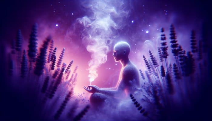 Individual inhaling calming lavender steam in a peaceful home spa, surrounded by soothing purple hues.