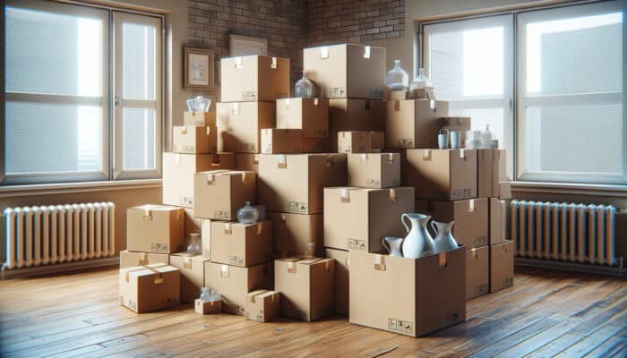 Robust double-walled cardboard boxes filled with glassware and porcelain, prepared for packing and relocation.