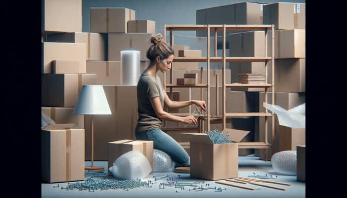 Individual disassembling a lamp and shelving unit, organising parts into labelled bags, and wrapping them in bubble wrap.