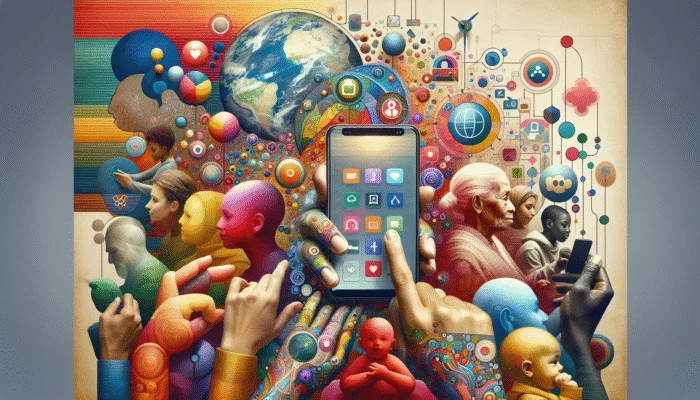 A vibrant mobile interface showcasing large text and intuitive navigation, appealing to a diverse global audience.