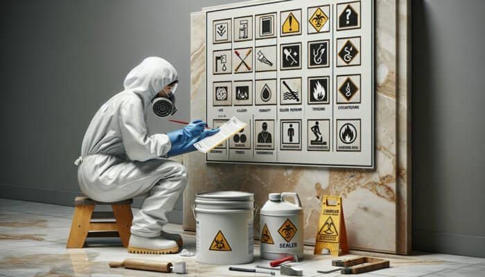 Person in protective gear applying sealer remover to travertine, reading safety data sheets, using designated tools in a safe workspace.