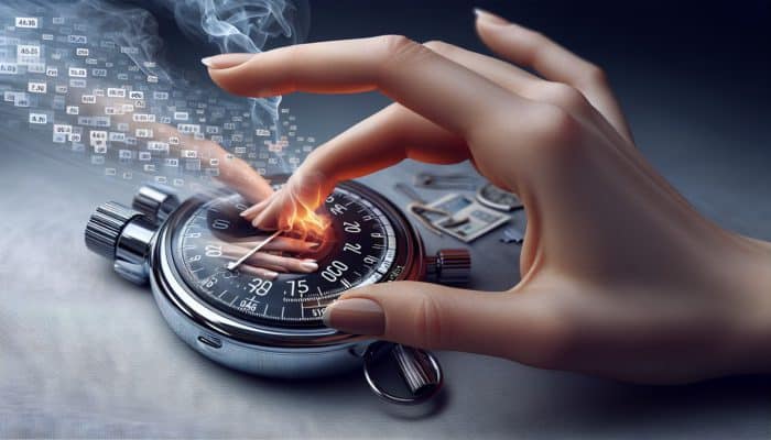 Hand adjusting digital timer settings, stopwatch set at 10 minutes, grilling scene with smoke and meat.