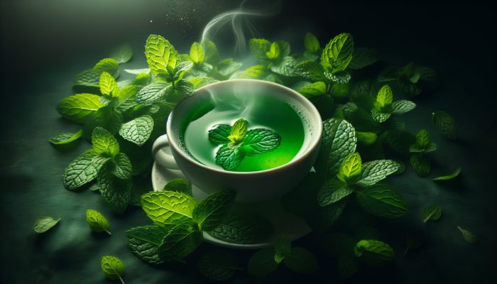 A steaming cup of peppermint tea with fresh leaves and a soothing green glow, symbolizing health benefits.