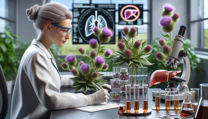 A scientist examines milk thistle and liver samples in a UK lab, highlighting the herb's benefits.