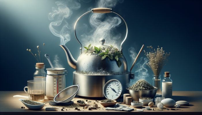 A serene kitchen with herbs steeping in boiling water, cooling to ensure safety for babies.
