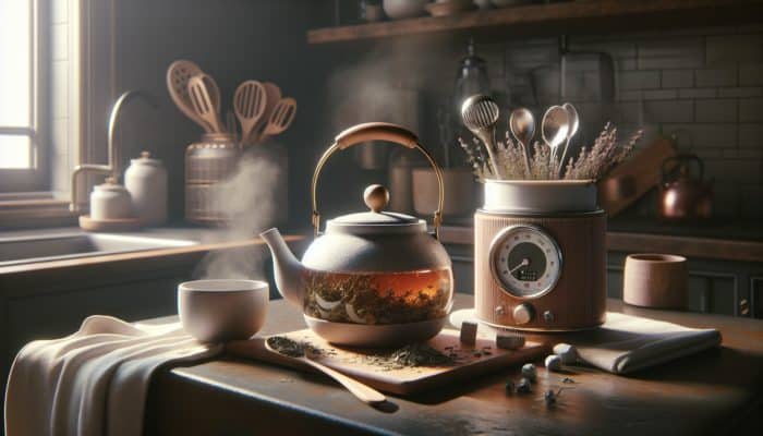 A cozy kitchen with a teapot of herbs, steam, timer, and cooling container for ensuring safety for babies.