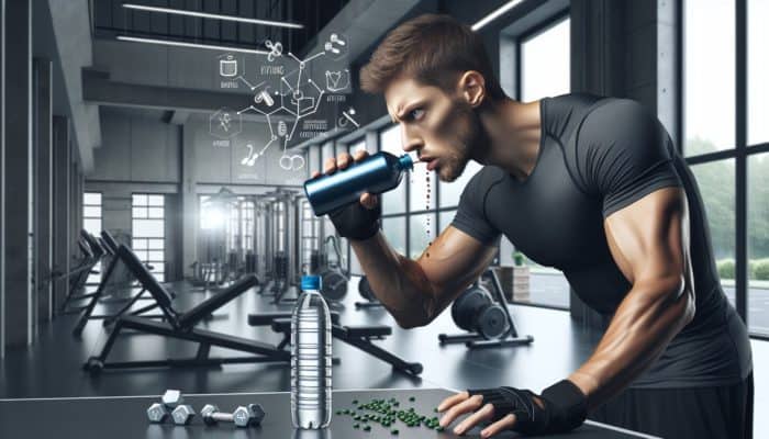 Athlete consuming caffeine 30 minutes before workout, ensuring hydration in a modern gym setting.