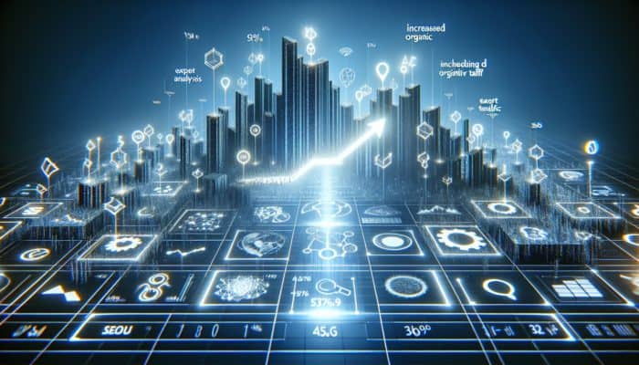A futuristic digital landscape with a rising graph, expert analysis tools, and a glowing path symbolizing SEO growth and a competitive edge.