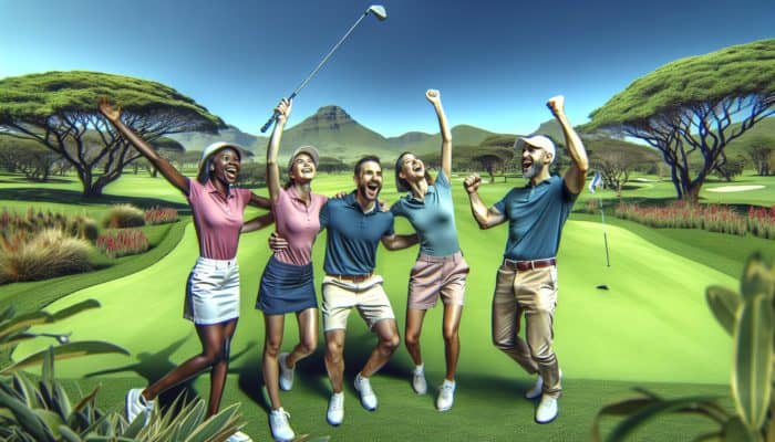 Strategies for Golf Team Formats: Diverse South African golfers celebrating on a lush fairway, showcasing teamwork in golf.