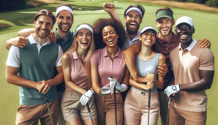 A diverse golf team celebrating on a lush course, showcasing camaraderie and skill development.