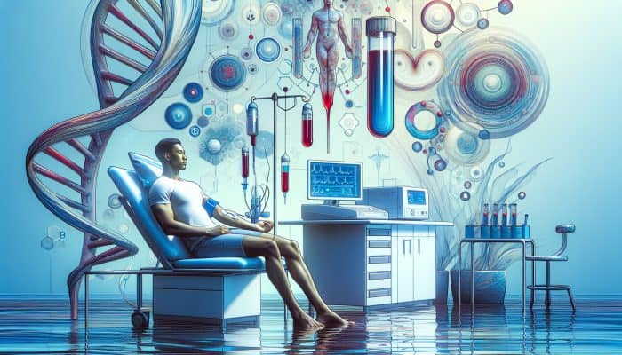 A patient in a calm Northfleet lab preparing for a testosterone test with water and guidelines.