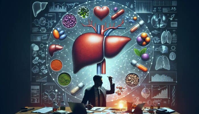 Illustration of a liver with milk thistle and other supplements, clinical charts, and Dr. John Doe's silhouette.