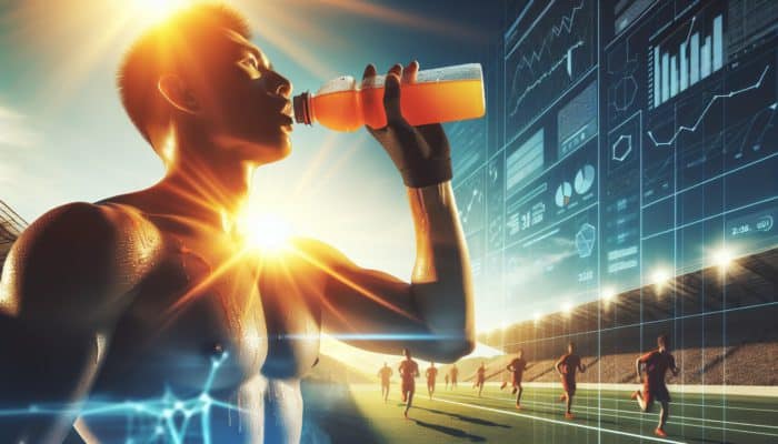 An athlete sipping an electrolyte drink during a summer sports event under the sun.