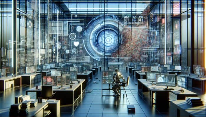 AI in futuristic lab analysing SERP data, revealing biases in graphs and struggling with human emotions and cultural contexts.