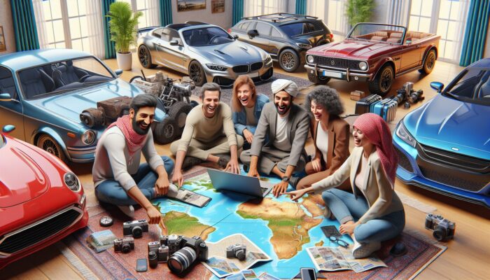 Group of travelers happily comparing car rental options on a laptop at home, surrounded by travel items.
