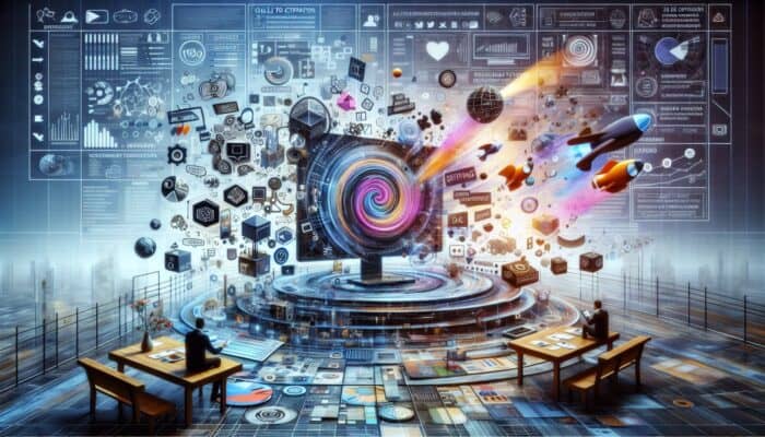 A vibrant digital screen showcasing an SEO-optimized customer story with keywords, headlines, and multimedia.