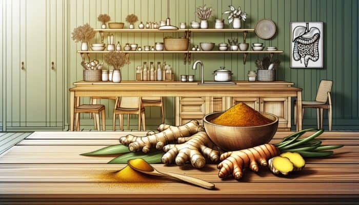 Fresh ginger roots and turmeric powder on a wooden table, with scientific charts and a 2023 clinical trial report.