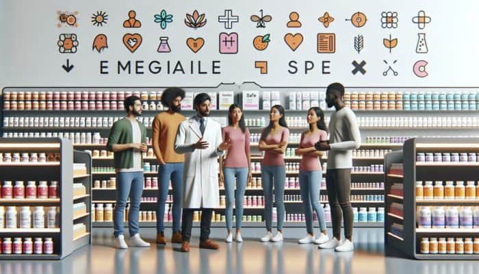 A diverse group of beginners guided by an expert in a modern health store with safe supplements and educational posters.