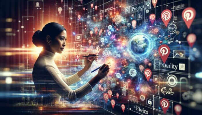 A person creating a Pinterest video board with strategy icons and vibrant pins.