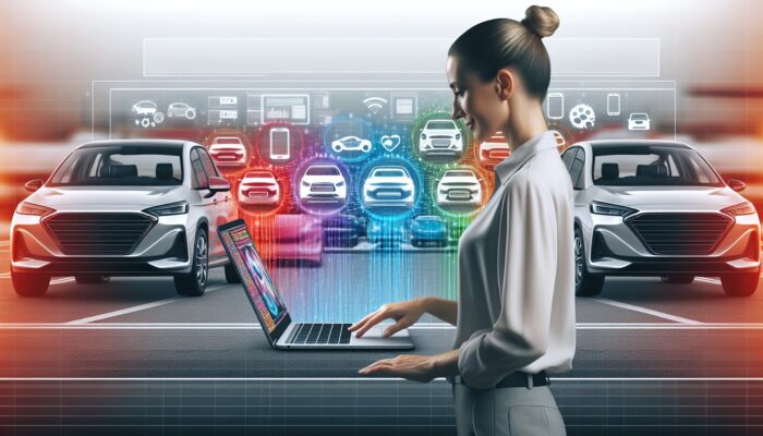 A person using a laptop to navigate a modern car rental website, with a vibrant car lot in the background.