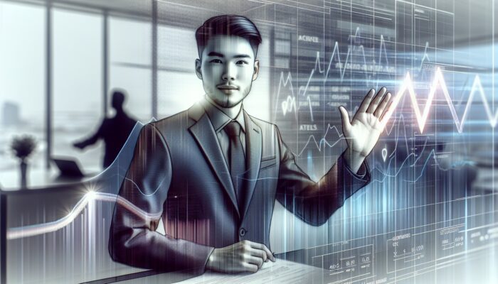 Person negotiating car rental deal at modern counter, with market rate charts in background.