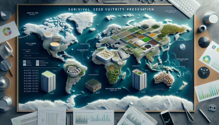 Map showing locations of survival seed vaults worldwide, including Svalbard, Millennium, and Duke Farms.