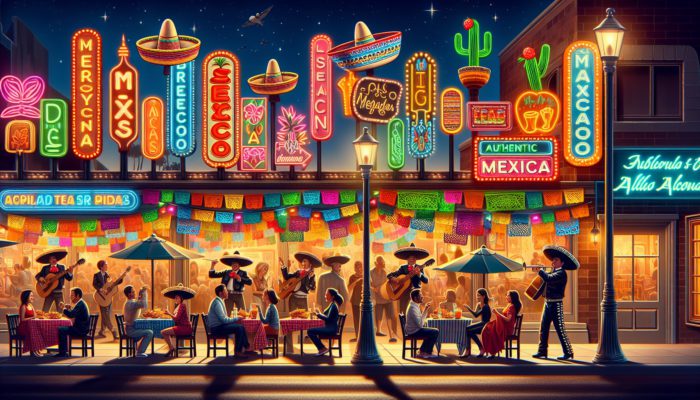 Colorful Las Vegas street at night with authentic Mexican restaurants, mariachi bands, and families enjoying tacos and margaritas.